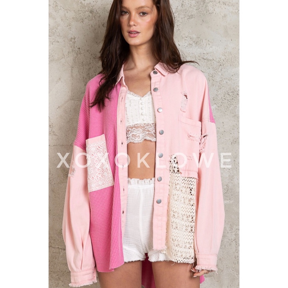LAST ONE POL Pink Patchwork Button Down Crochet Lace Denim Oversized Fit - Picture 11 of 15
